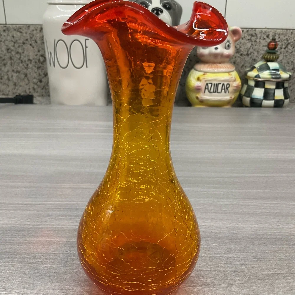 VINTAGE MID CENTURY MODERN HAND BLOWN‎ AMBERINA CRACKLE GLASS VASE